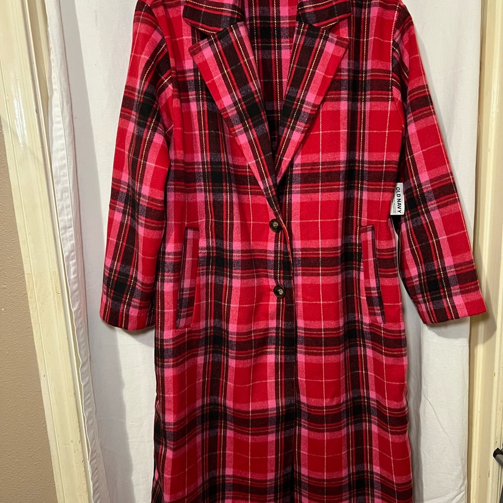Old Navy Red Pink Plaid Long Coat NWT